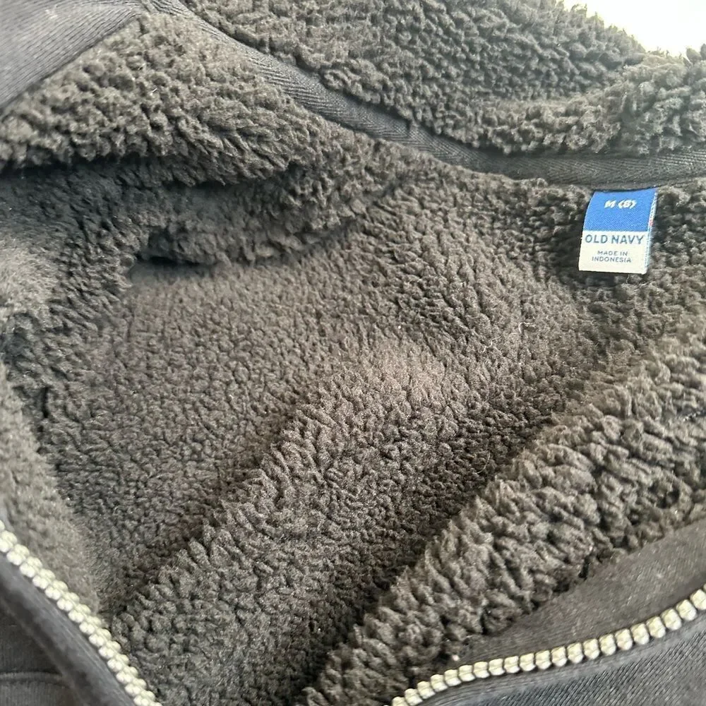 EUC Old Navy Child Kids Black Full Zip Hoodie Sherpa Lined Logo Jacket. - Size M